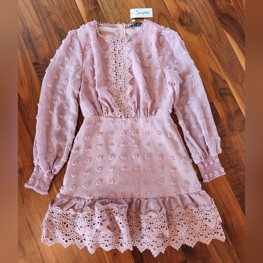 Simplee Dusty Rose Beautiful Long Sleeve Dress With Crocheted Accents